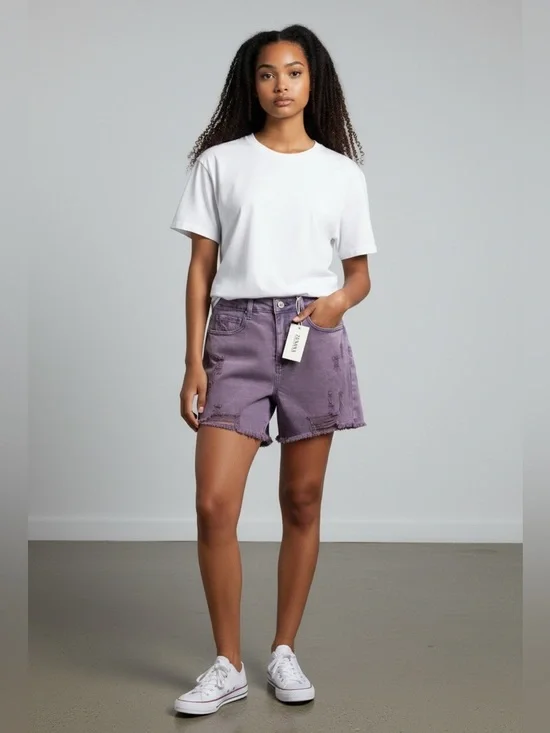 Zenana Outfitters Stretchy Lavender High-Rise Distressed Jean Shorts - Picture 2 of 4